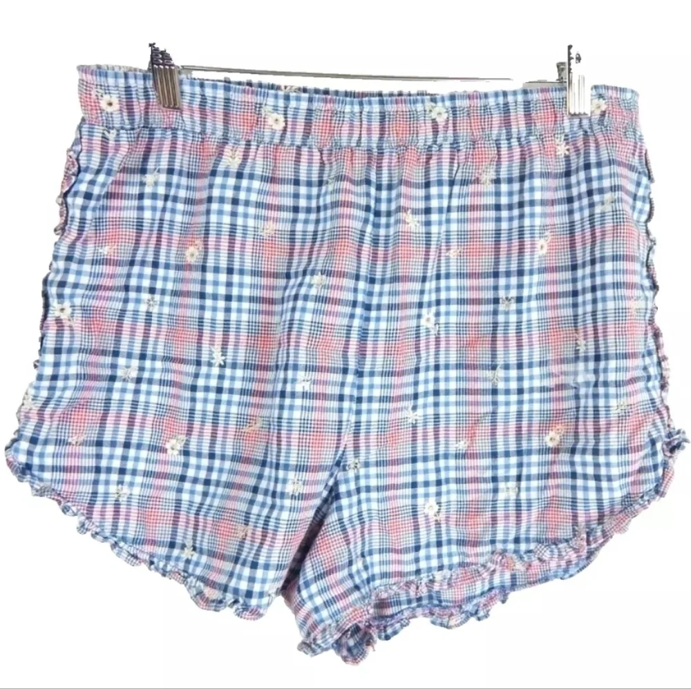 Anthropologie Plaid Floral Embroidered Pajama Shorts